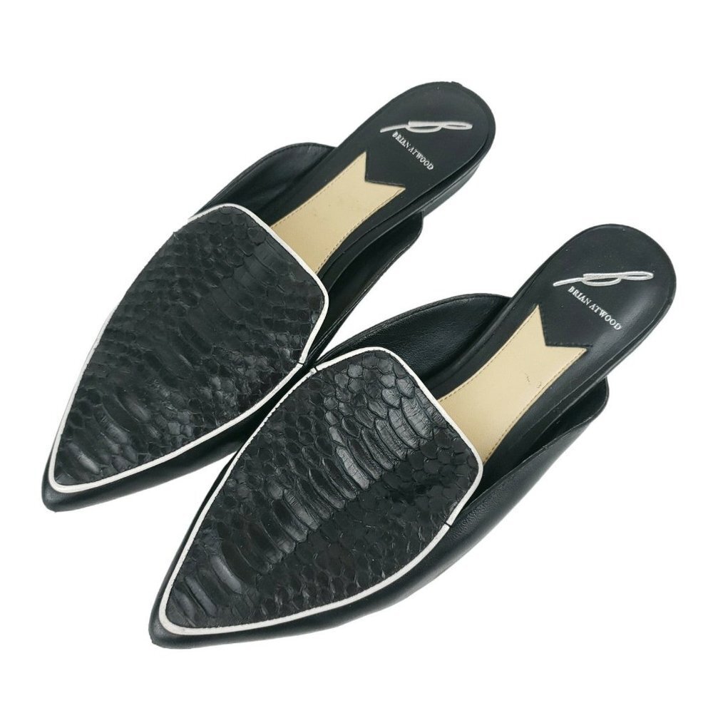 BRIAN ATWOOD Sonja Mules Black Pointed Toe Embossed Leahter Size 6.5